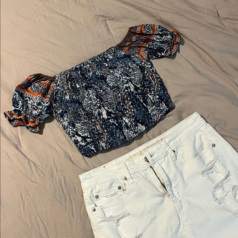 Bohemian Blue and Orange Off-Shoulder Top